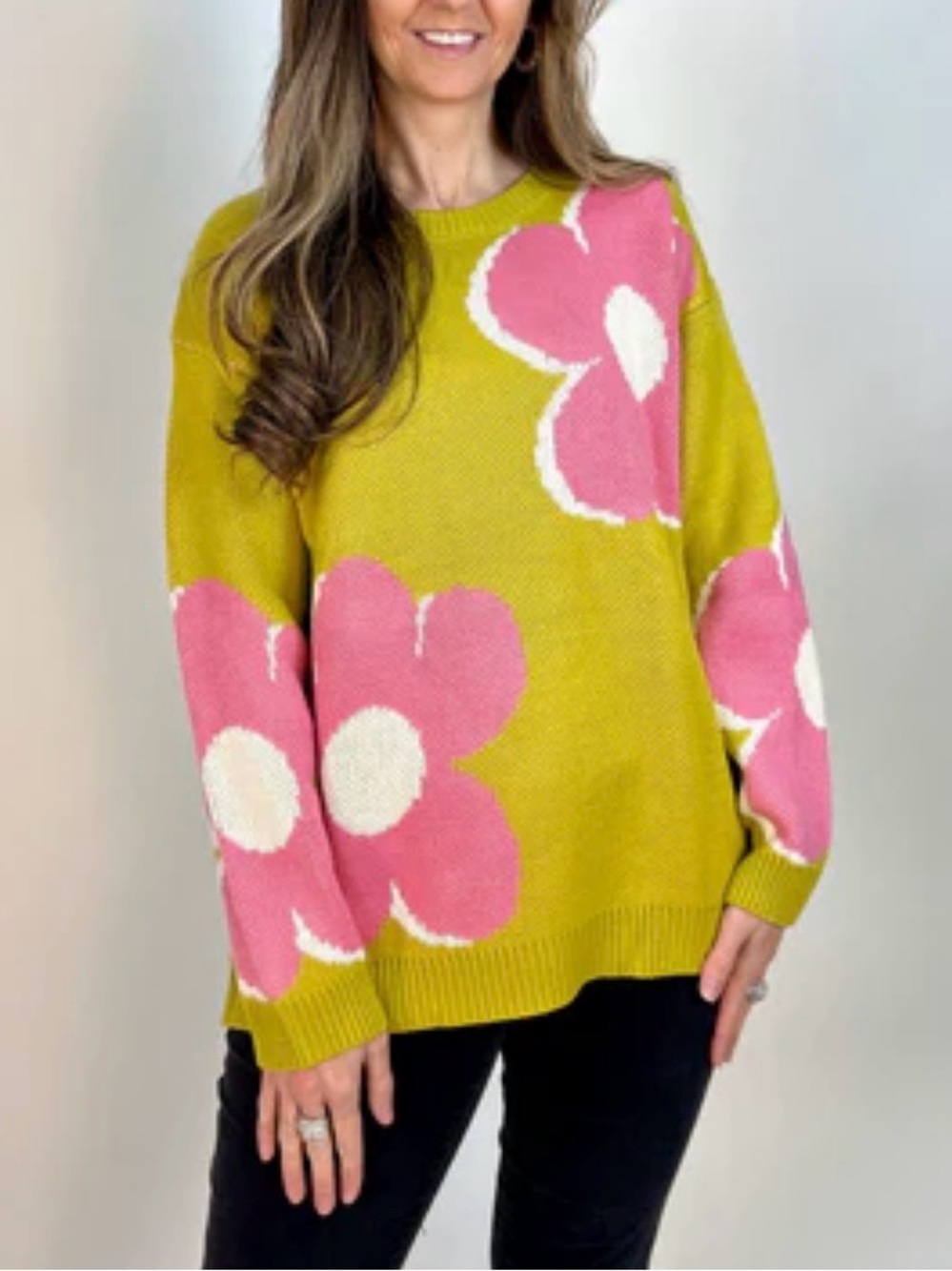 easel Olive Green Crewneck Sweater with Pink Floral Motif